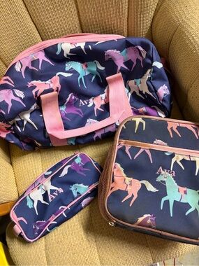 Personalized Kids Navy Horse Travel Set with Pink Accents (Ava)
